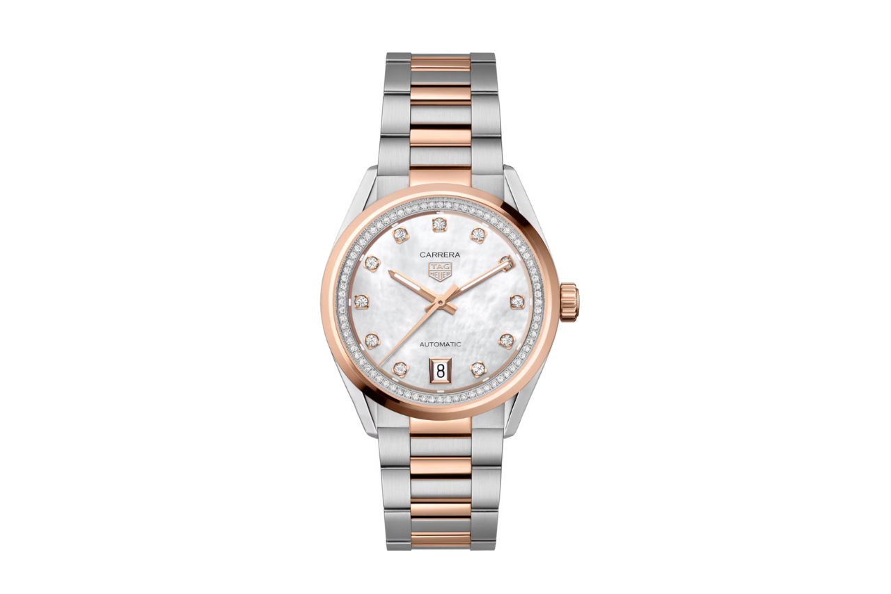 A mixed metal silver and rose gold watch with a diamond bezel and a pearl dial.