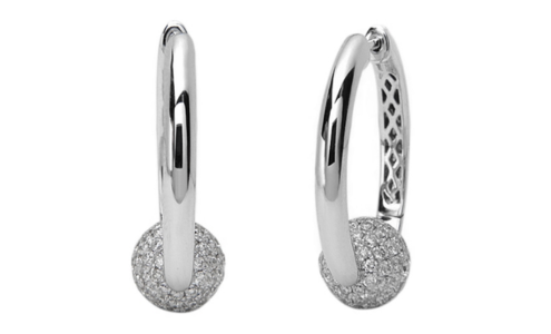 A pair of Charles Krypell hoop earrings accented with diamond-studded spheres, available at Windsor Jewelers.