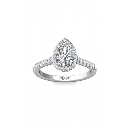 A pear-shaped diamond ring with a halo setting, featuring small pave diamonds on the band