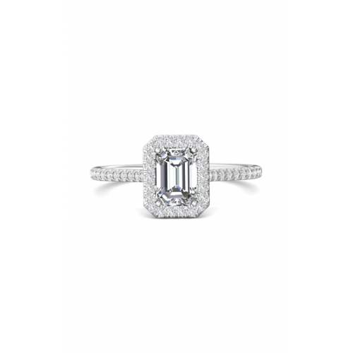 Emerald-cut diamond white gold ring sparkling within a halo of smaller diamonds