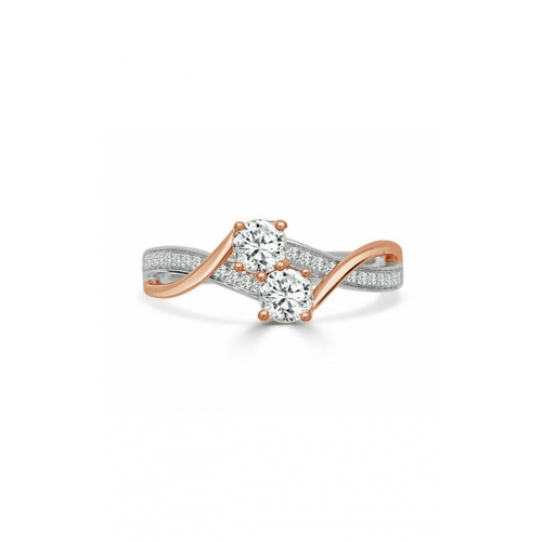 A two-stone ring with intertwining rose gold and silver bands, set with sparkling diamonds