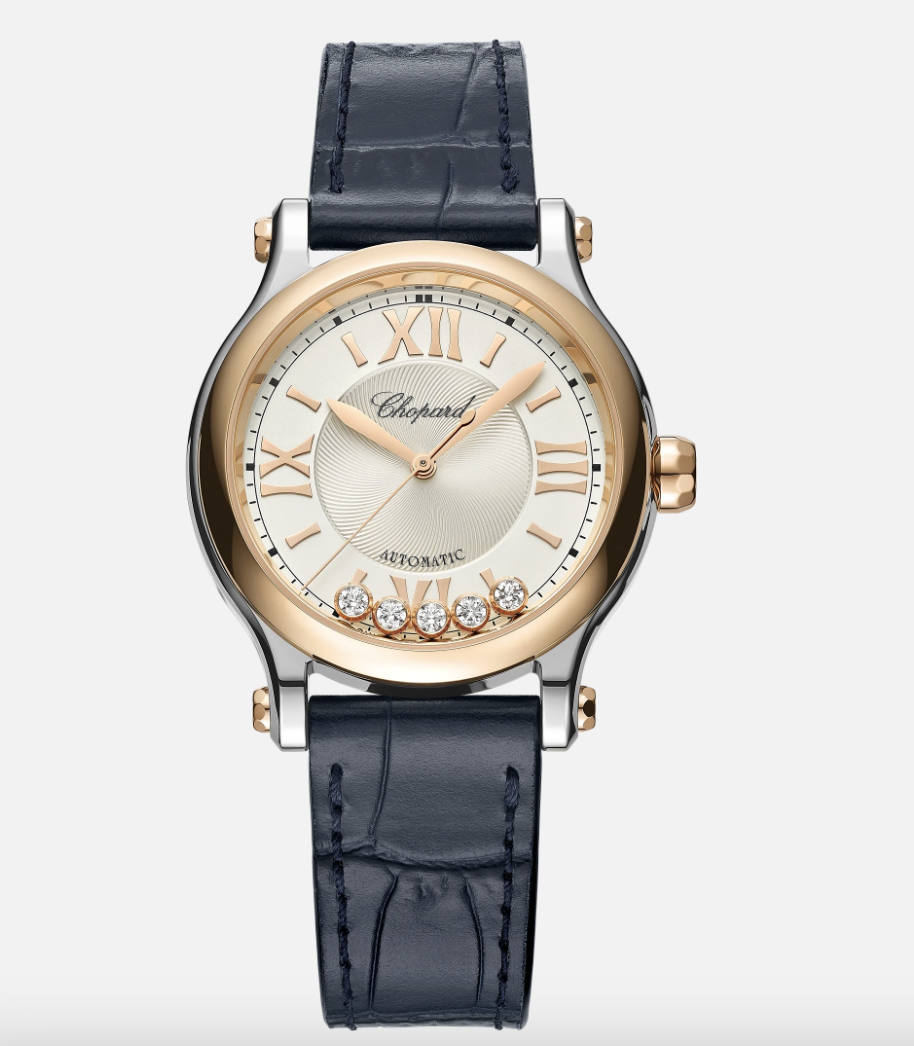 A Chopard wristwatch with Roman numberland, diamonds, and leather band.