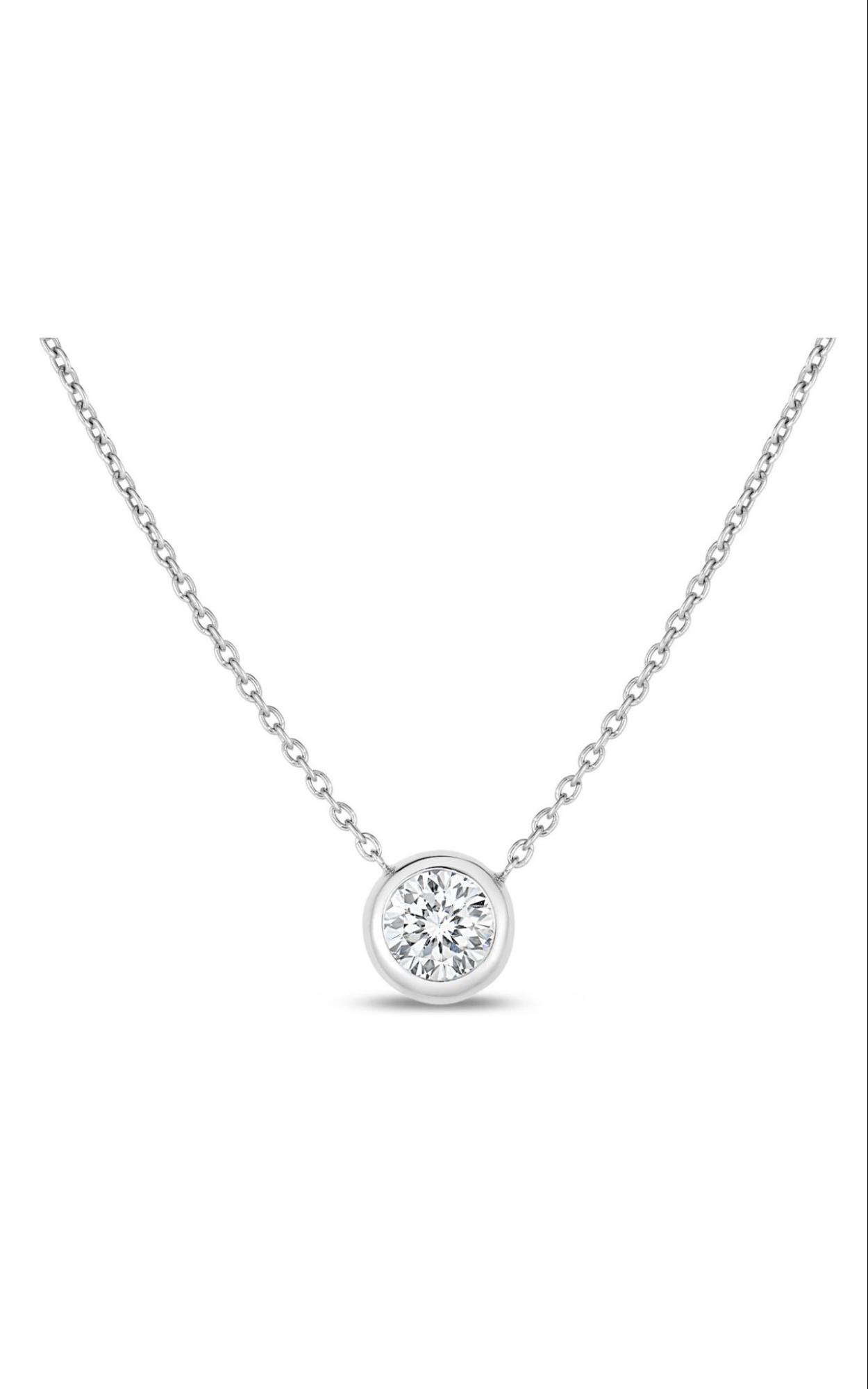 A white gold bezel set diamond pendant.