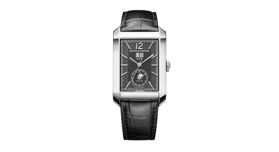 a white gold watch with a rectangular strap and a gray dial