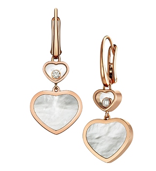 A pair of heart-motif, rose gold drop earrings by Chopard with diamond details