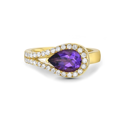 A yellow gold ring with a pear amethyst gemstone, encircled by round diamonds