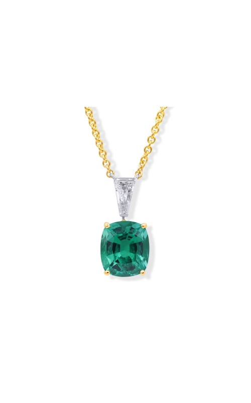 18k Yellow Gold and Platinum Vivid Green Emerald Pendant Necklace