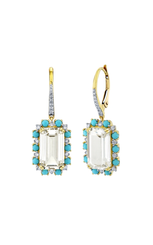 18K Yellow Gold Emerald Cut White Topaz Earrings with Turquoise and Diamond Halo