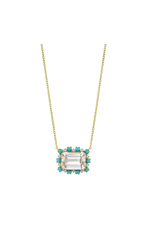 18K Yellow Gold Emerald Cut White Topaz Pendant with Turquoise and Diamond Halo