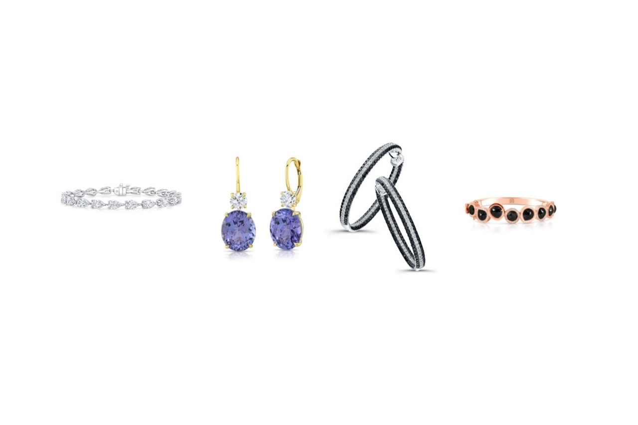 A selection of diamond jewelry by Rahaminov Diamonds; a diamond bracelet, a pair of gemstone and diamond drop earrings, black and white diamond hoop earrings, and a black diamond and rose gold ring.