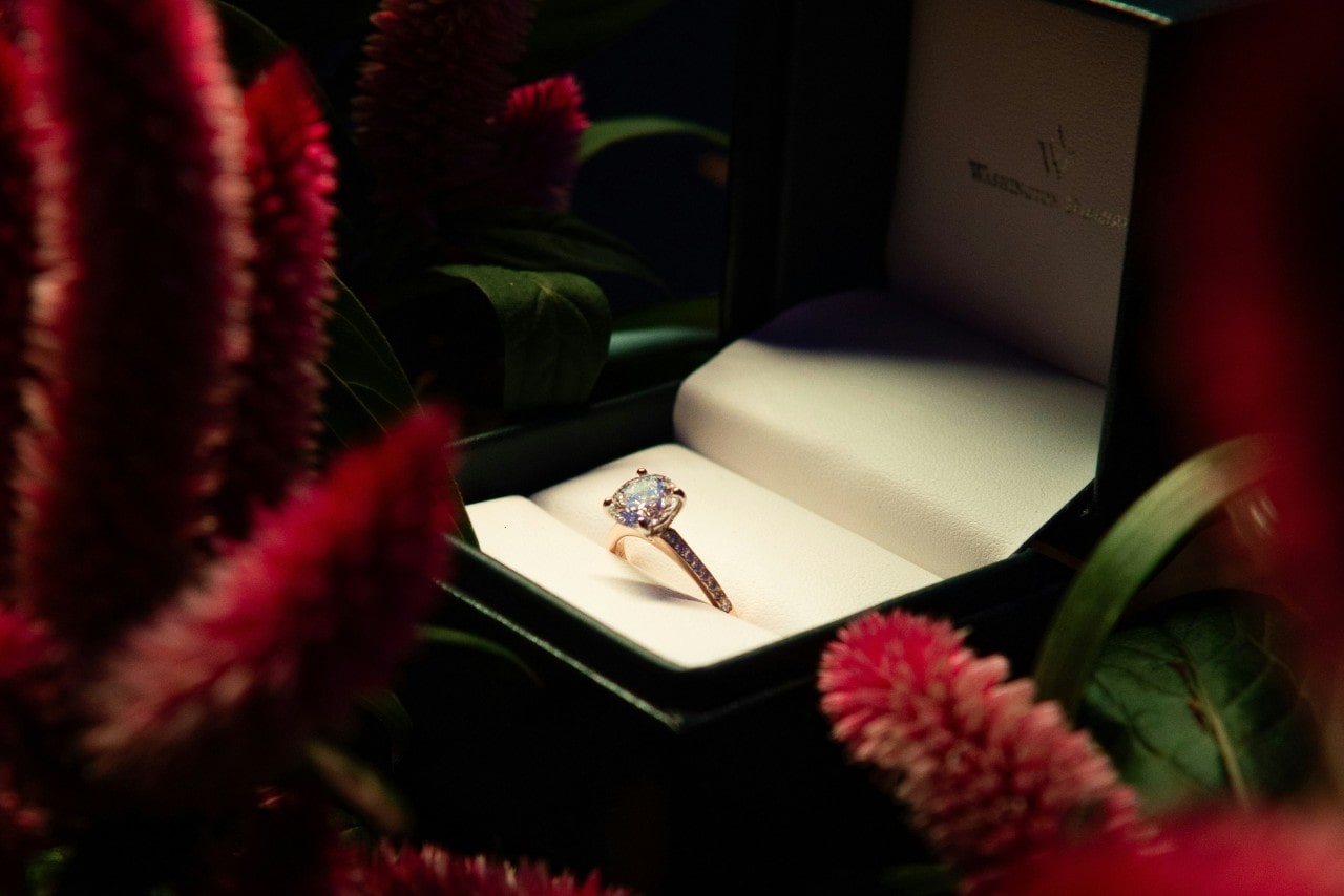 A diamond engagement ring displayed inside an open green velvet box surrounded by red flowers. A diamond engagement ring displayed inside an open green velvet box surrounded by red flowers.