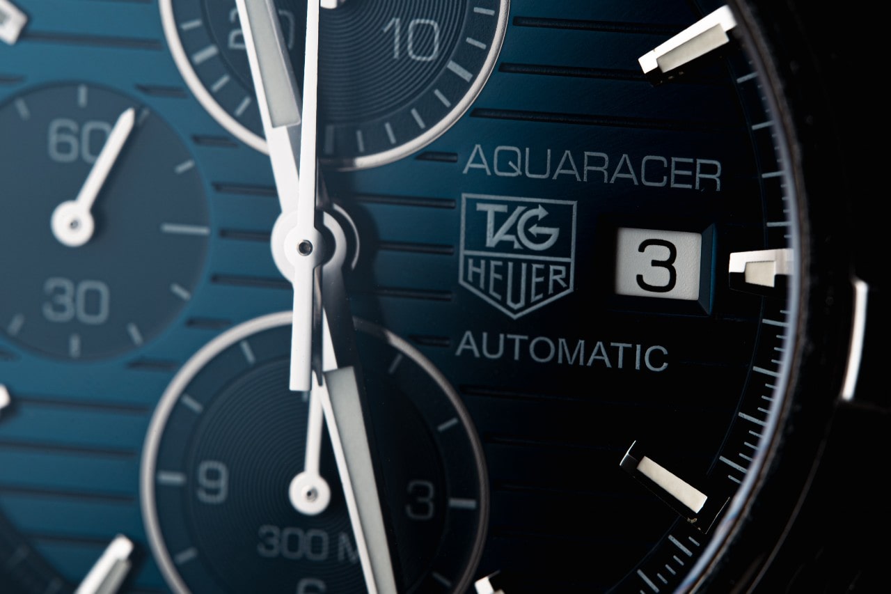 close up of an Aquaracer TAG Heuer watch face close up of an Aquaracer TAG Heuer watch face